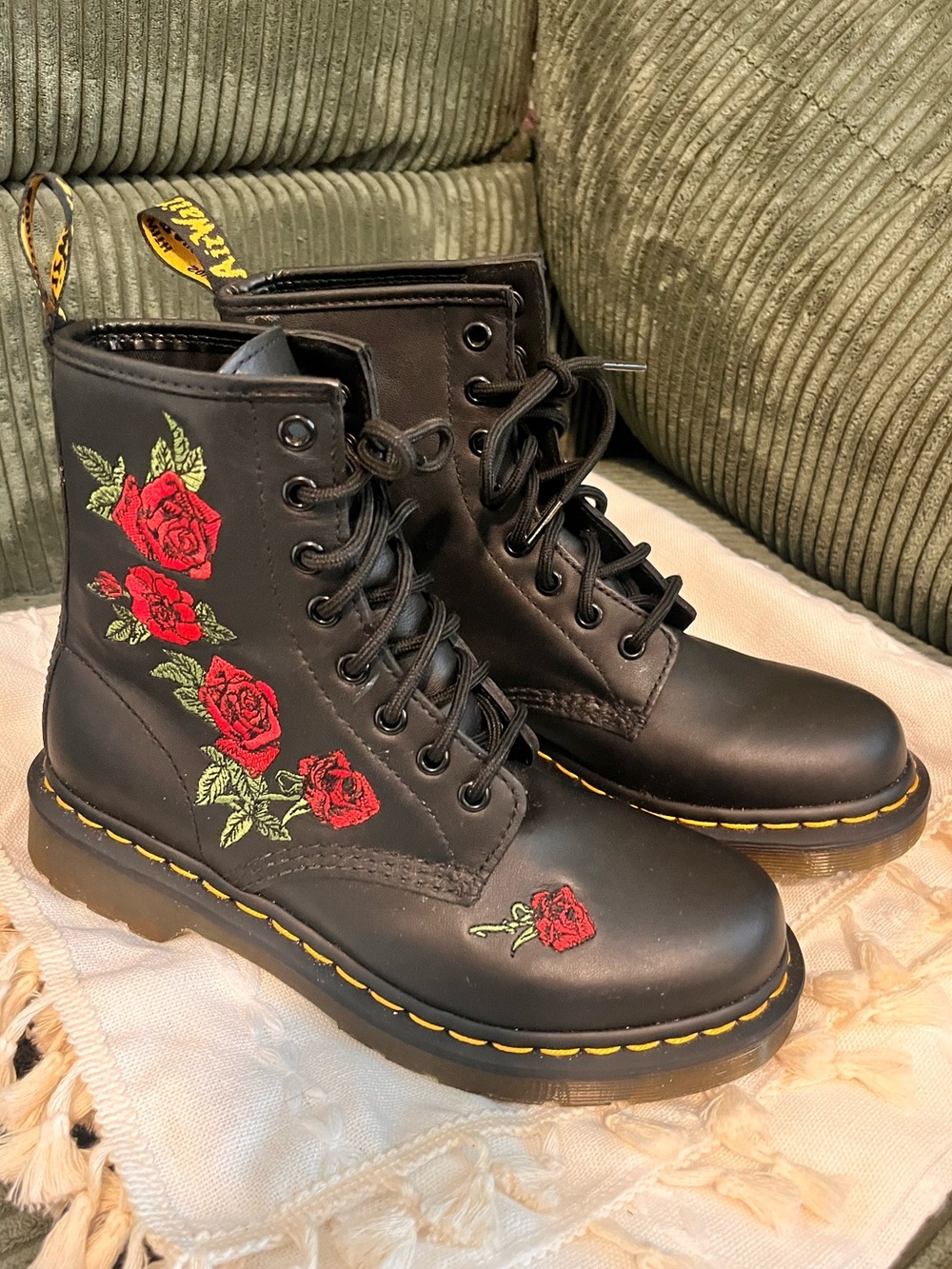 Dr Martens 1460 Vonda Rose Floral Embroidered Leather Combat Boots Black 8
